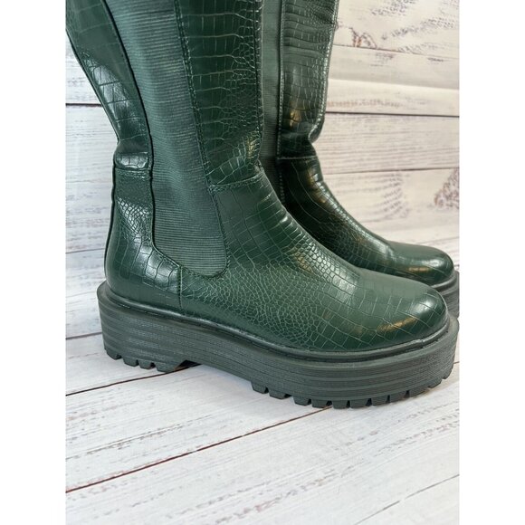 AZALEA WANG Knee High THE RIDING CROC Vegan Green Leather Boots SUE 7.5 Grunge - Picture 3 of 13